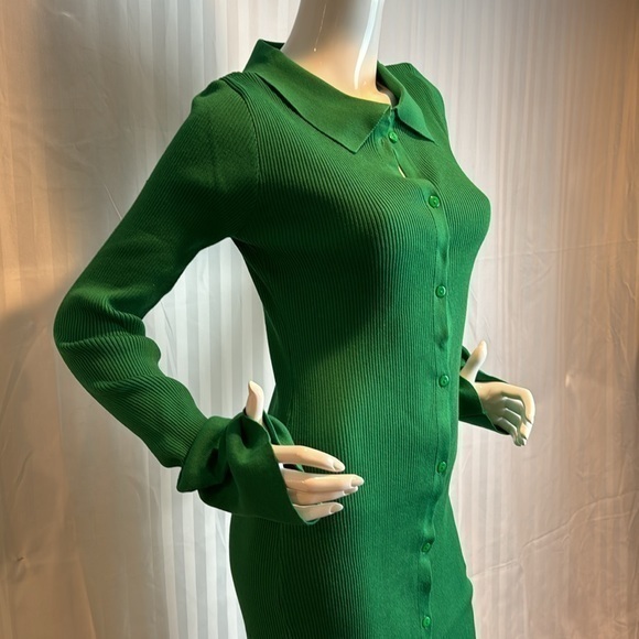 Micas Green Rib Knitted Collared Button Strips Flared Dress Size Large RefI027 - Picture 13 of 17